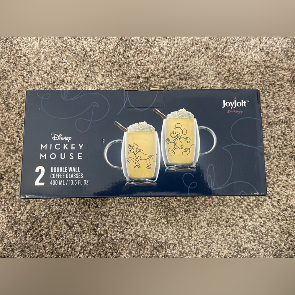 NEW Disney JoyJolt Mickey Mouse Double Glass Wall Coffee Glasses Set of 2